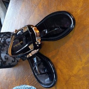 GUC Coach Catherine Black Patent Leather Sandals with Gold Accents.